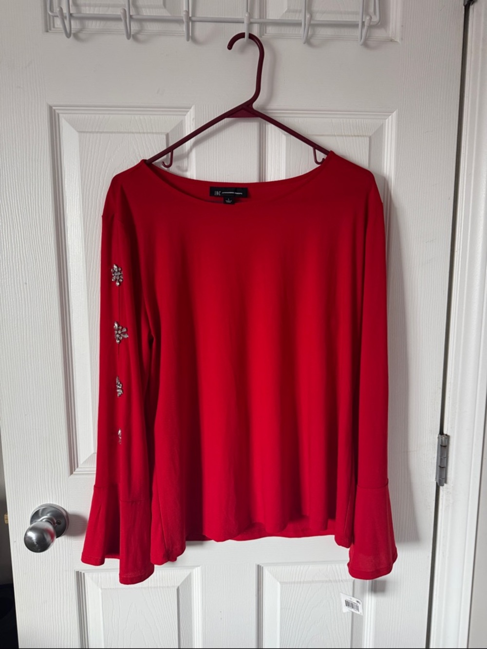 INC Red Long-Sleeve Jewel-Accent Top